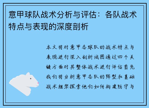 意甲球队战术分析与评估：各队战术特点与表现的深度剖析